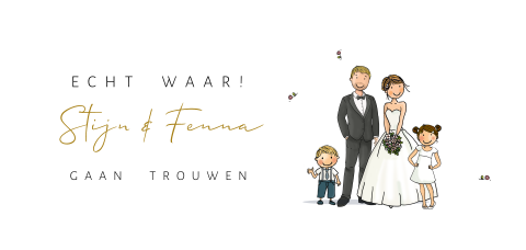 Trouwkaart bruidspaar met kinderen en bloemen