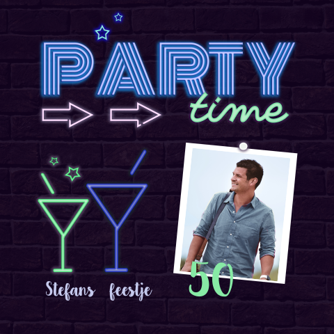 Uitnodiging neon letters blauw en groen