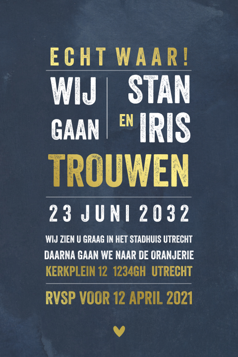 Trouwkaart staand grafische tekst in goudfolie