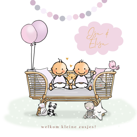 Geboortekaartje meisje tweeling op rotan wiegje