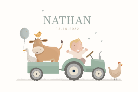 Geboortekaartje boerderijdieren met tractor baby