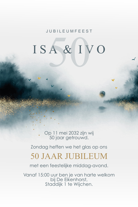 Jubileumkaart landschap met goudglitter en hartjes