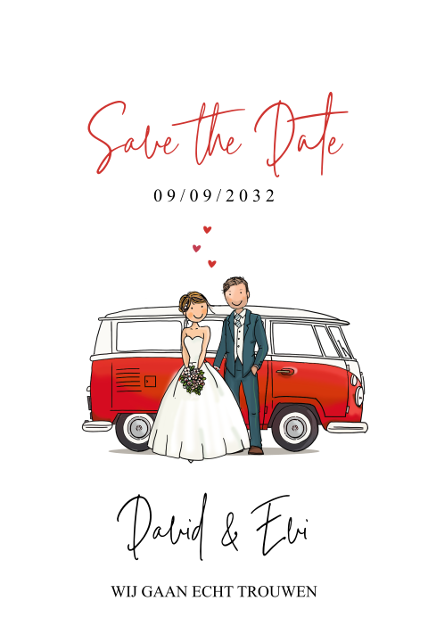 Unieke vorm save the date bruidspaar met busje  trouw