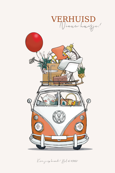 Verhuiskaart vw busje oranje met verhuisspullen