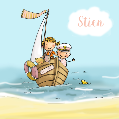 geboortekaartje meisje met zusje bootje met zee