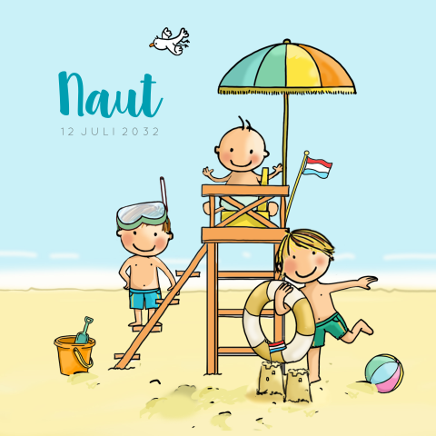 Geboortekaartje jongen strand uitkijk stoel broertjes
