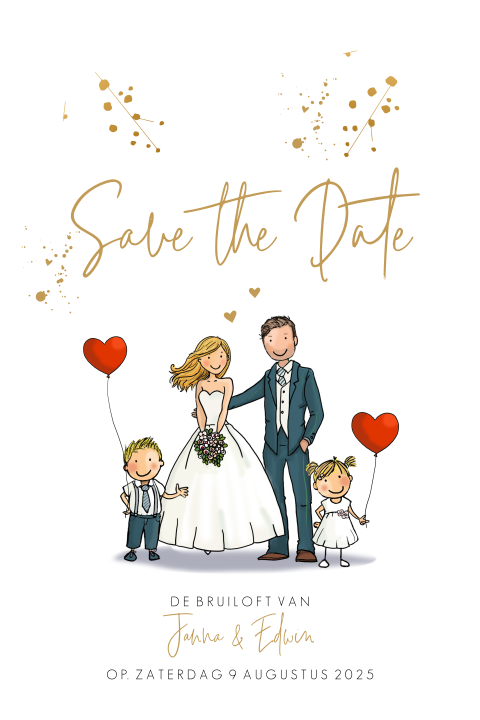 Savethedate bruidspaar kinderen rode ballonnen