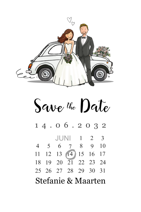 Save the date kaart Fiat 500 met bruidspaar