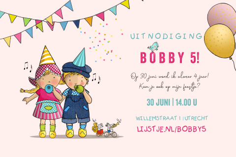 Kinderfeestje Fien en Teun vlaggetjes en muis roze