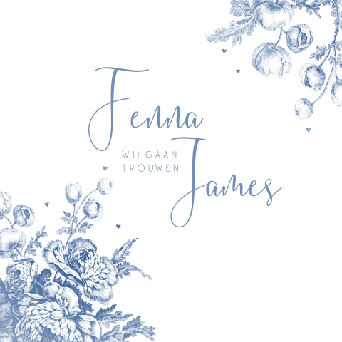 Trouwkaart delftsblauwe bloemen en takjes