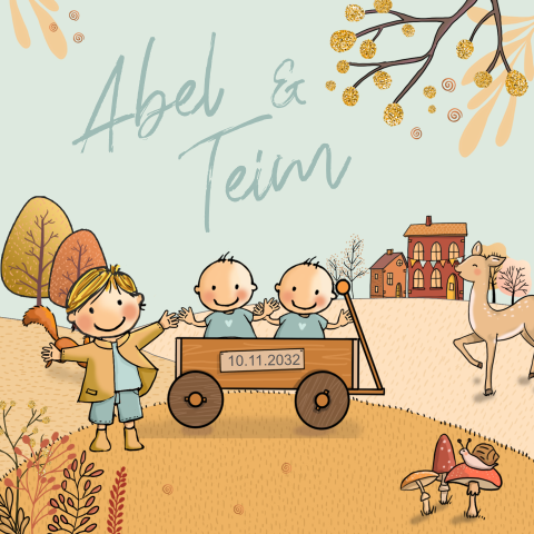 Geboortekaartje tweeling met broertje herfst ree eekhoorn egel