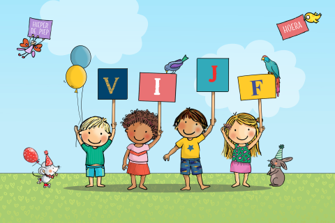 Verjaardagskaart bordjes vijf jaar kinderen