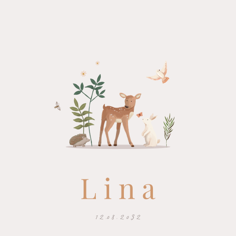 Geboortekaartje ree met konijn en egel en bladeren