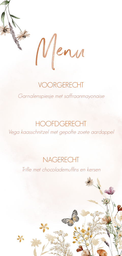 Menukaart veldbloemen met koperfolie