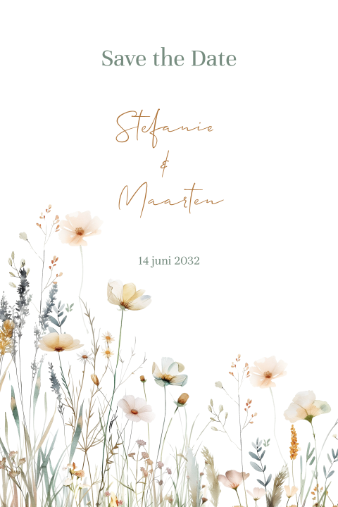 Save the date kaart met veldbloemen in mooie tinten met takjes
