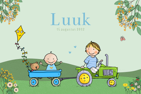 Geboortekaartje jongen tractor broertje aanhanger groen blauw