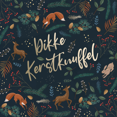Kerstkaart donker bosdieren en takjes kerstgroet
