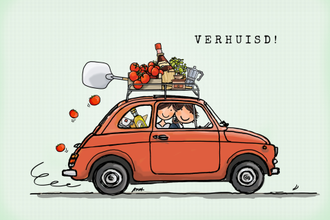 Verhuiskaart fiat 500 rood met spullen