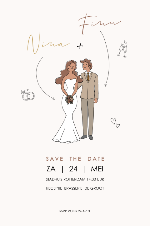 Savethedate getekend bruidspaar hip met pijltjes