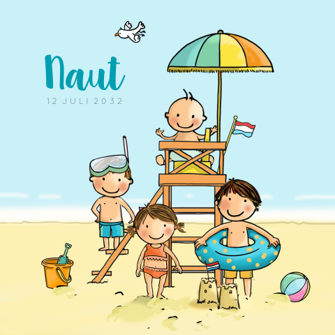 Geboortekaartje jongen strand uitkijkstoel broertjes zusje
