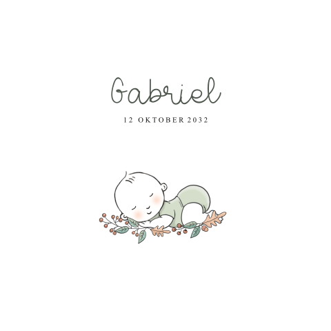 Geboortekaartje met baby jongen in herfstblaadjes met takjes en vogels