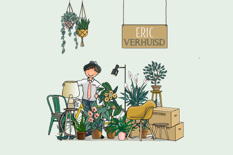 Verhuiskaart man met meubels planten en dozen