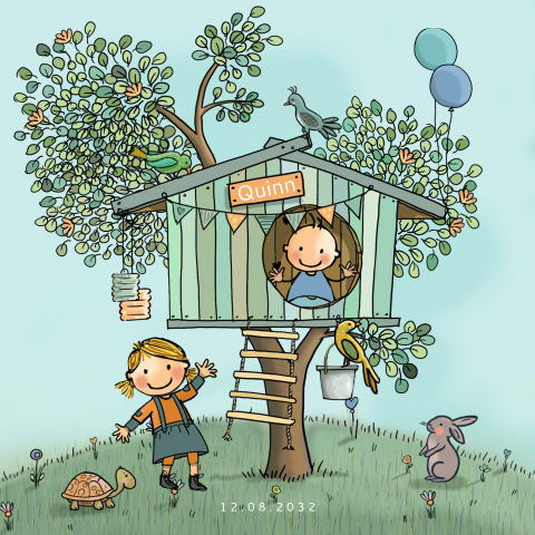 Geboortekaartjes jongen met zusje boomhut met vogels