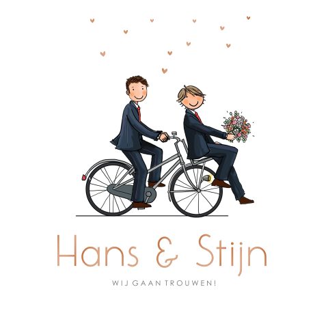 Trouwkaart bruidspaar fiets samesex mannen