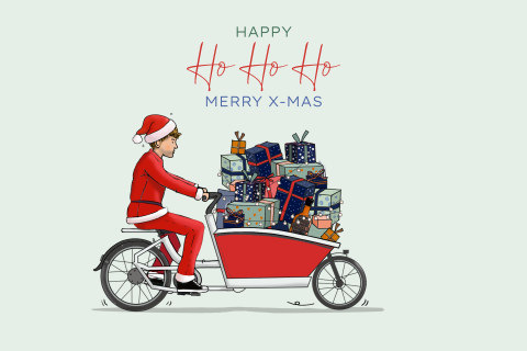 Kerstkaart bakfiets kerstman met pakjes