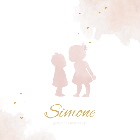 Geboortekaartje meisje met zusje kusje watercolor