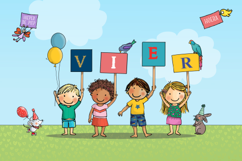Verjaardagskaart bordjes vier jaar kinderen