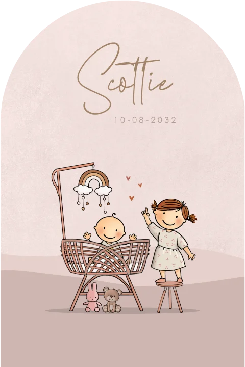 Boogkaart kindje in rotan wiegje met zusje