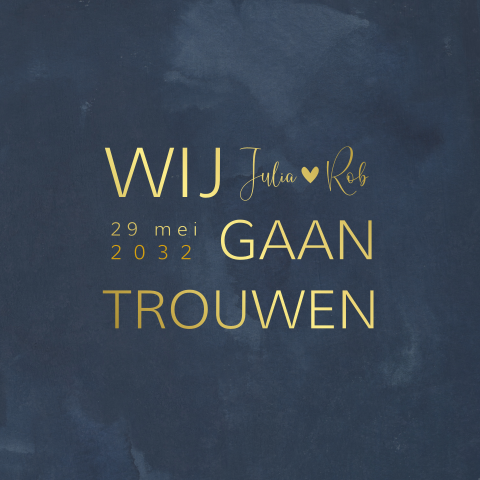 Trouwkaart watercolor blauw met goudfolie teksten