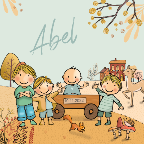 Geboortekaartje jongen drie broertjes herfst ree eekhoorn egel