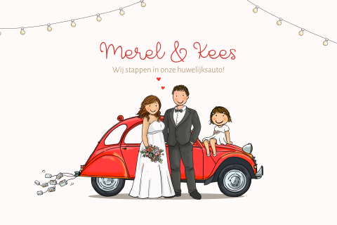 Trouwkaart rode citroen cv met bruidspaar en kind