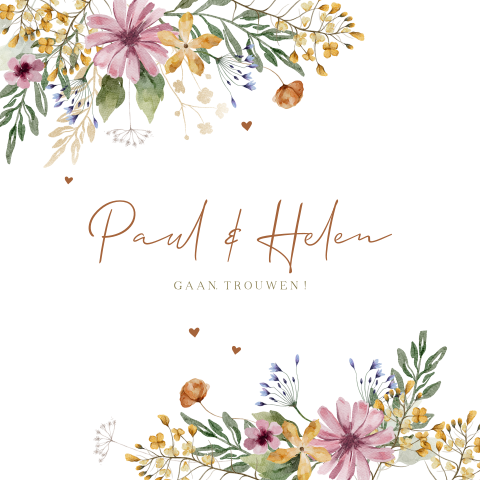 Trouwkaart veldbloemen met hartjes