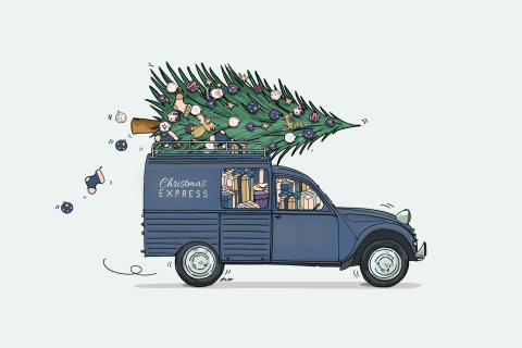 Kerstkaart Citroen 2cv bestel met kerstboom blauw