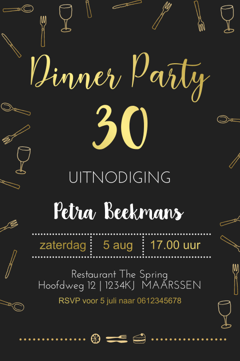 Uitnodiging etentje verjaardag goudfolie zwart