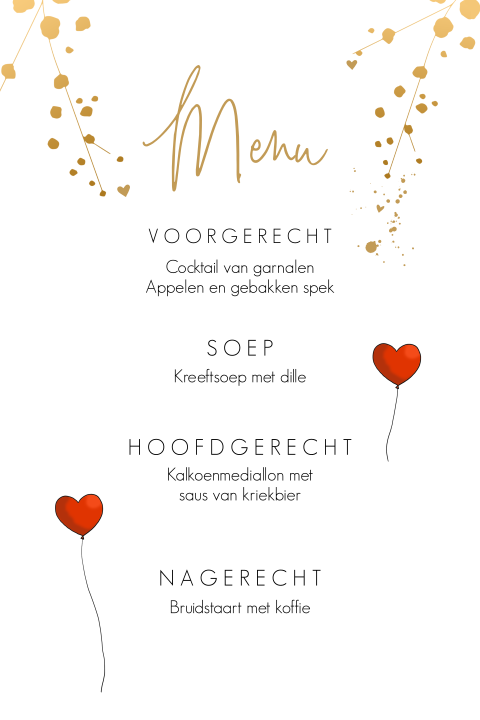 Menukaart rode ballonnen met glitterlook
