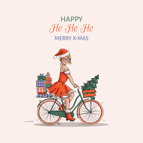Kerstkaart vrouw op fiets met kerstmuts