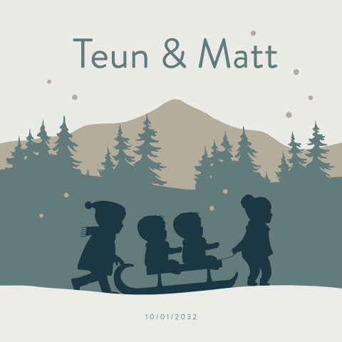 Geboortekaartje tweeling jongens op slee met zusjes