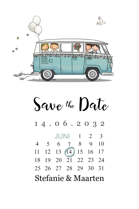 Save the date kaart vwbusje blauw met bruidspaar