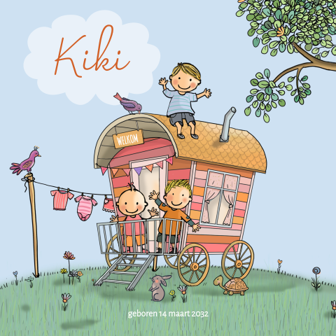Geboortekaartje meisje pipowagen met broertjes vlaggetjes