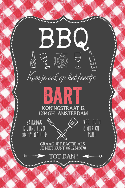 Uitnodiging bbq met rood geblokt tafelkleed
