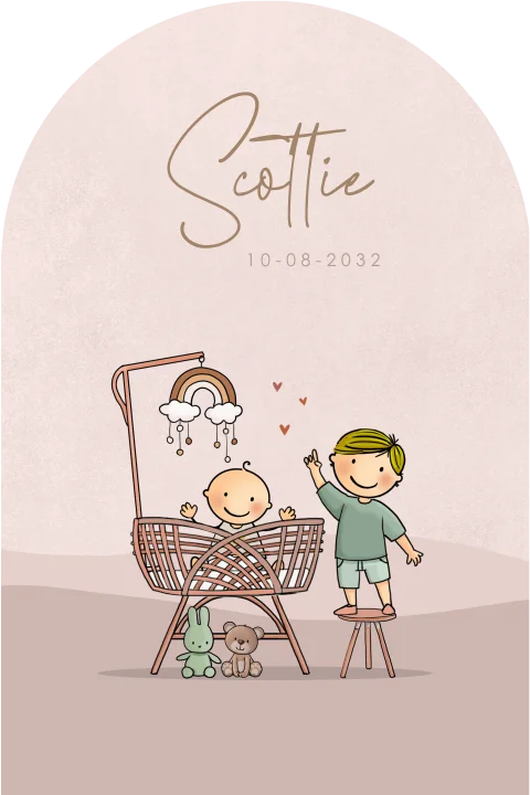 Boogkaart kindje in rotan wiegje met broertje