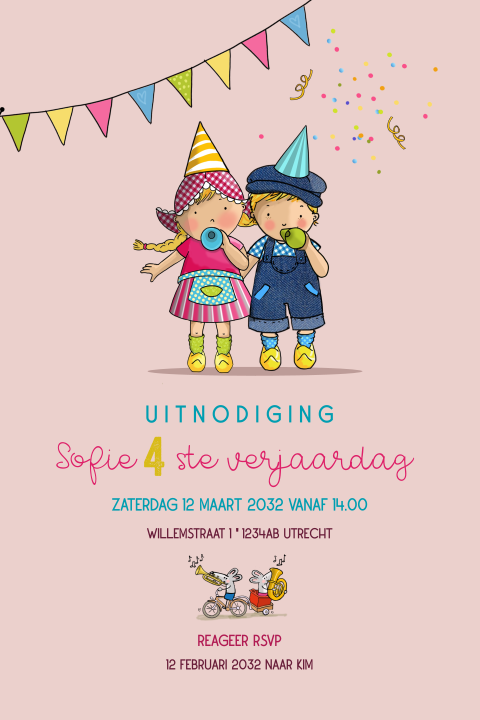 Uitnodiging kinderfeestje Fien en Teun roze