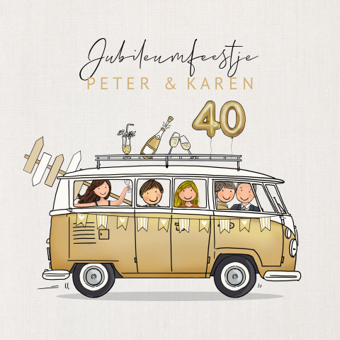 Jubileumkaart vwbusje goud met champagne 