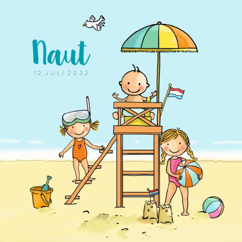 Geboortekaartje jongen strand uitkijk stoel zusjes