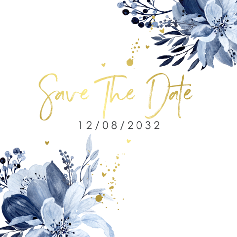 Save the date kaart delftsblauw met goudkleurige spetters