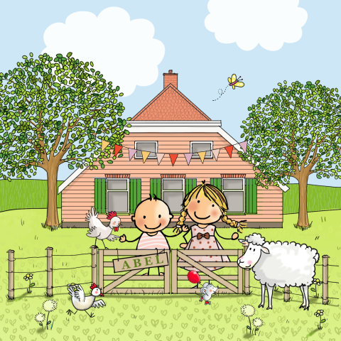 Geboortekaartje meisje boerderij schaap kippen zusje